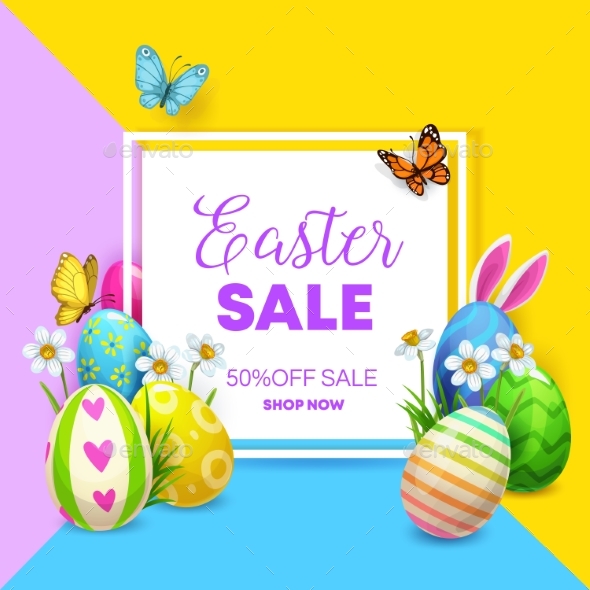 Easter Sale Poster with Eggs Bunny Flowers