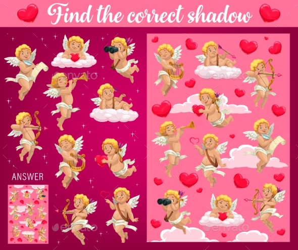 Saint Valentine Day Child Find Correct Shadow Game