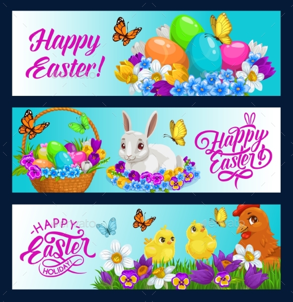 Easter Bunny Banners of Egg Hunt Religion Holiday