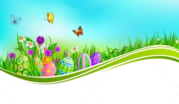 Easter Eggs with Green Grass Wave Banner