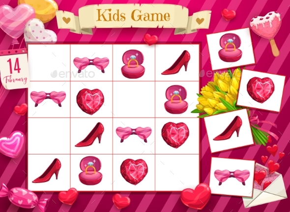 Saint Valentine Day Child Rebus Logical Game