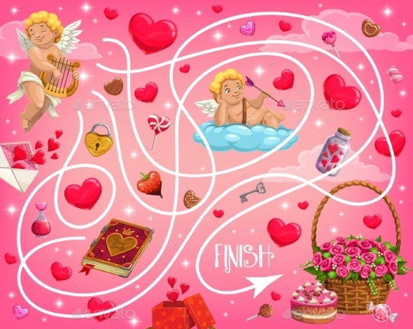 Valentine Day Kids Maze with Cherubs and Hearts