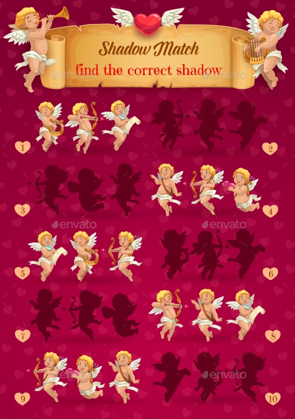 Valentine Day Kid Shadow Matching Game with Cupids