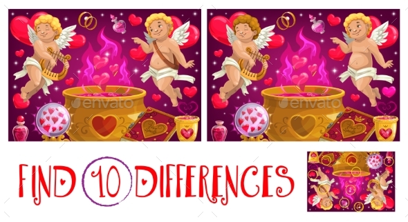 Valentine Day Find Ten Differences Game with Cupid