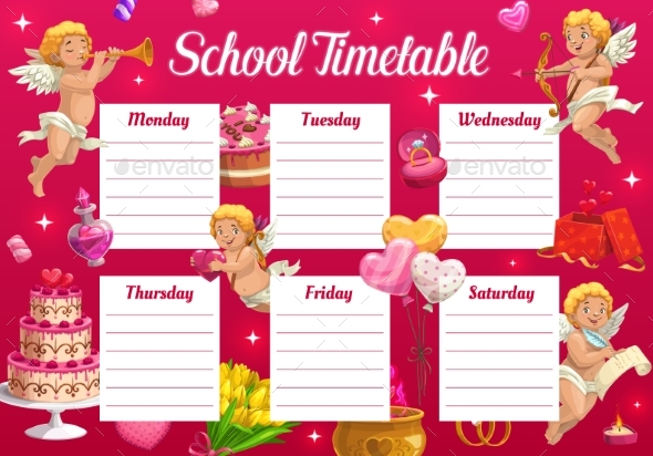 Valentine Day School Timetable Template with Cupid
