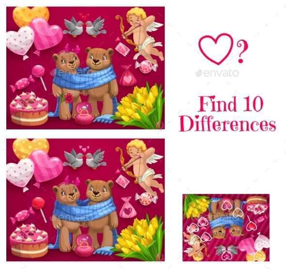 Valentine Day Child Find Ten Differences Game