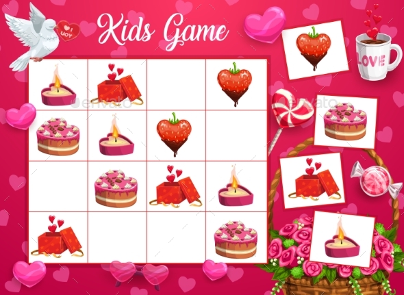 Kids Logical Game with Saint Valentine Day Symbols
