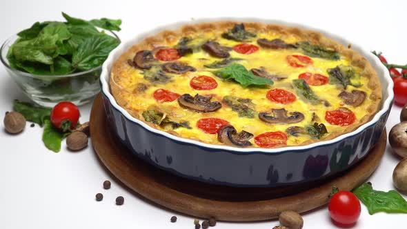 Baked Homemade Quiche Pie in Ceramic Baking Form