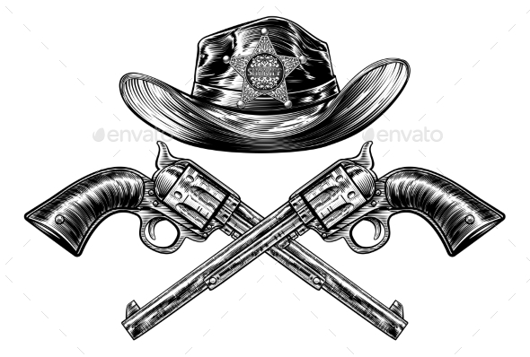 Crossed Hand Guns and Sheriff Star Cowboy Hat