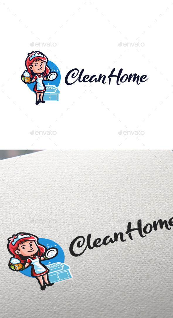 Clean Home - Cartoon Maid Character Logo Templates