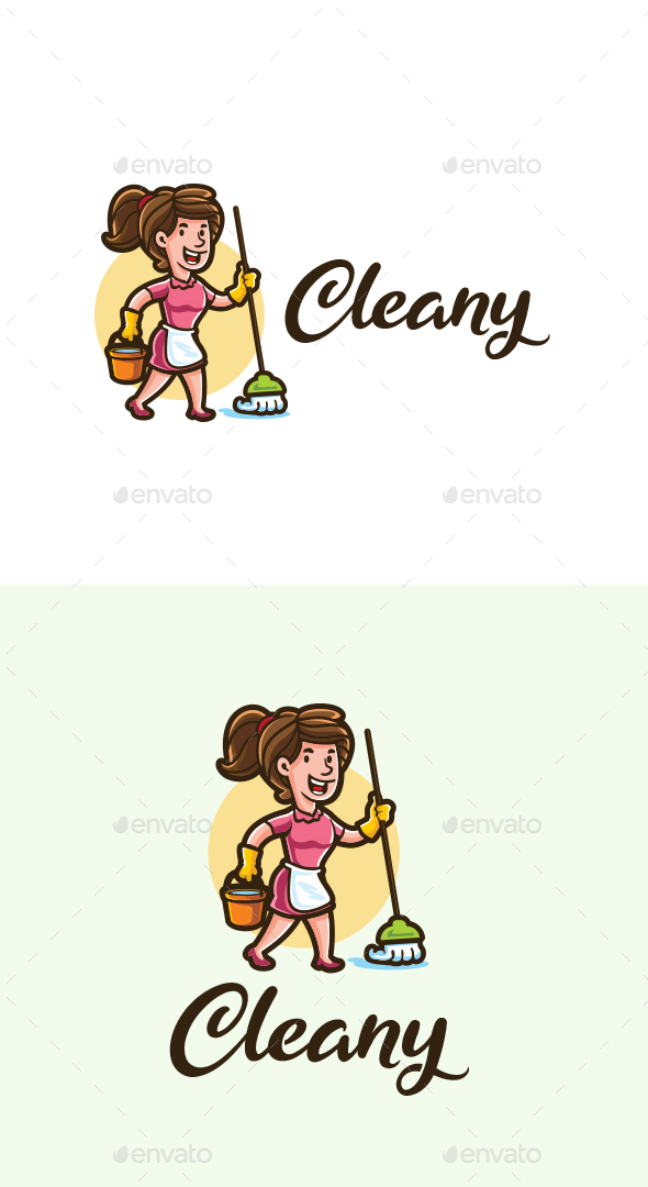 Sweeping Girl - Cartoon Maid Character Mascot Logo