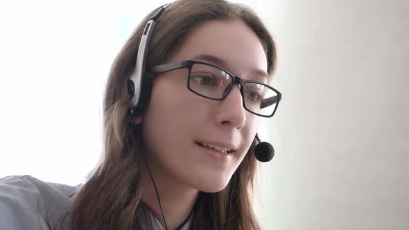 Closeup Girl Call Center Operator Sells Services