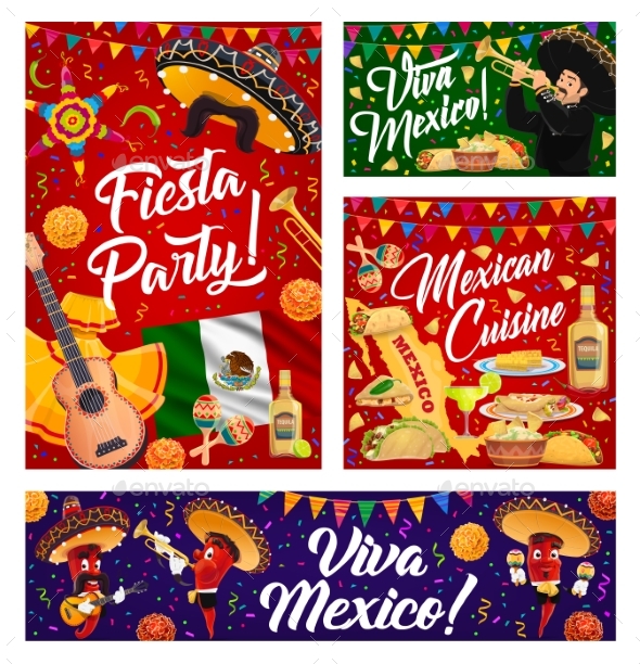 Viva Mexico Banners with Mexican Sombrero and Food