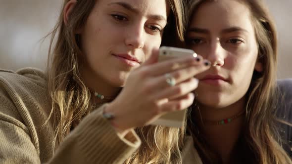 Twin teenagers looking at cellphone