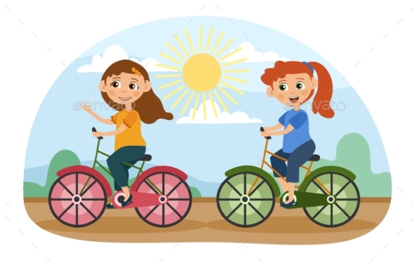 Two Young Girls Riding Bicycles in the Park
