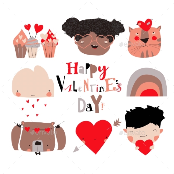 Cartoon Set with Valentines Day Elements on White