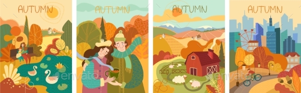 Set of Four Colorful Depictions of Autumn Life
