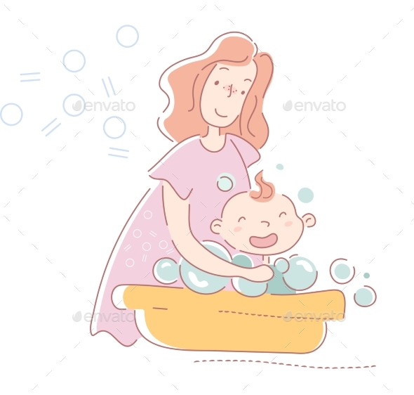Young Mother Washing Her Laughing Baby in Soapy