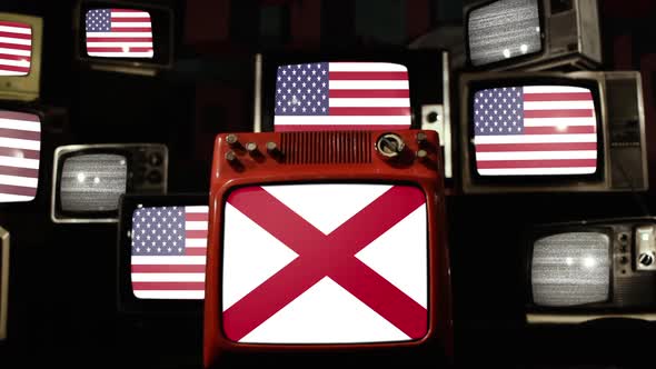 Flag of Alabama and US Flags on Retro TVs.