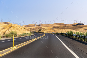 County close to Altamont Pass; Wind turbines visible on the golden hills; San Francisco Bay Area, California