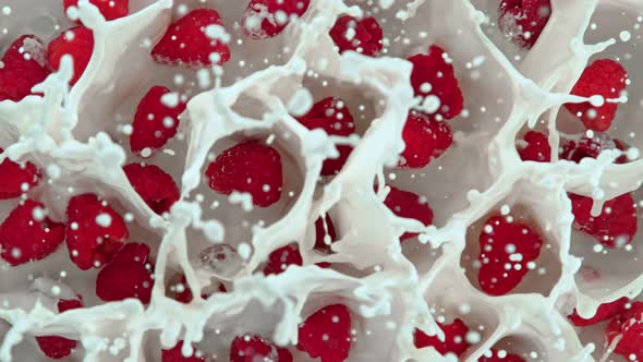 Super Slow Motion Shot of Fresh Raspberries Falling Into Cream at 1000Fps