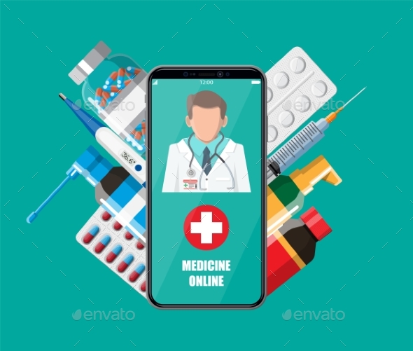 Hand Holding Phone with Internet Pharmacy App