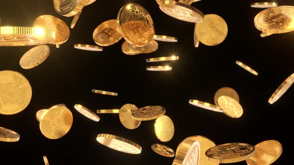 Golden coins of the digital crypto currency on black background loop animation 4k alt