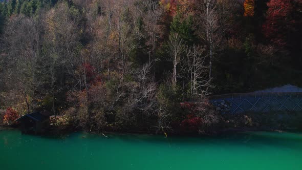 Drone Flight Over Klammsee Reservoir And Forest In Autumn