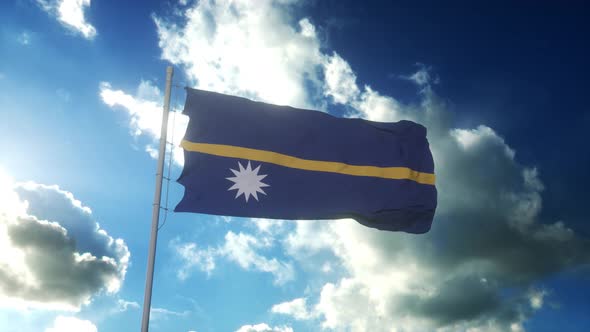 Flag of Nauru Waving at Wind Against Beautiful Blue Sky