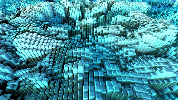 flying above a 3d abstract landscape of cyan or green color