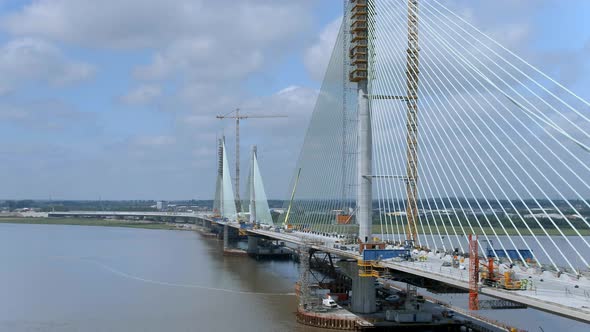 Low Fly By of a Cable Stayed Bridge in the Late Construction Phase