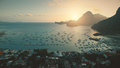 Aerial sunset at ocean harbor with boats of tropic port town cityscape. Buildings, lodges, homes - PhotoDune Item for Sale