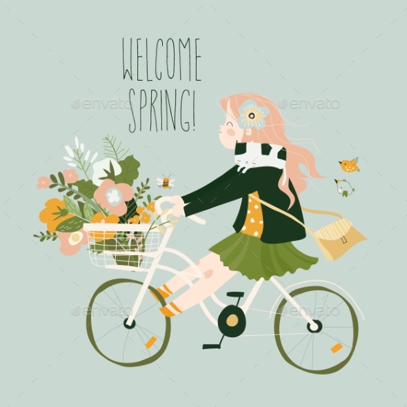 Cartoon Girl Is Riding Bike with Spring