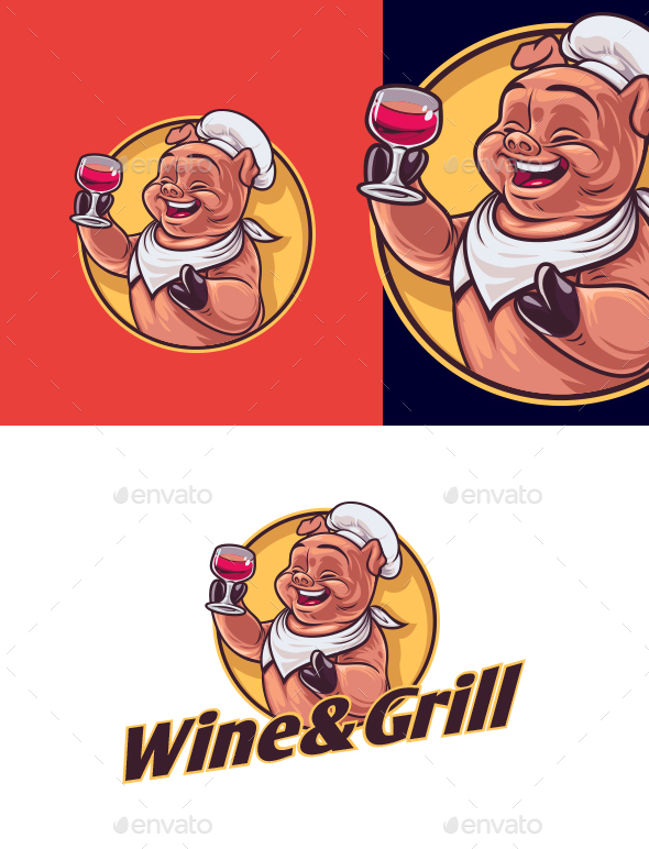 Cartoon Pig Chef - Grill & Wine Restaurant Logo Templates