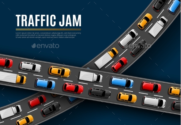 Traffic Jam Vector Poster with Cars Driving Road