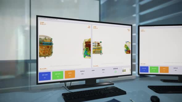 Baggage Airport X-ray Projection System Working Process On A Computer Screens alt
