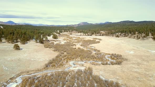 Aerial view of Pikes National Forest in the Winter.