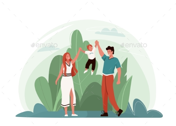 Happy Family Vector Illustration with Plants Sky