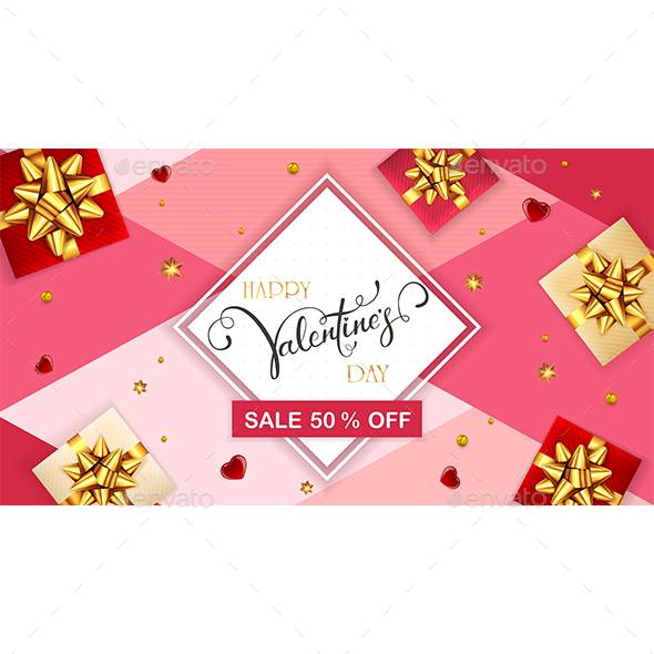 Lettering Sale on Pink Valentines Background with Gifts and Hearts