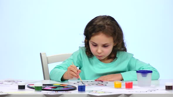 Children Paint a Picture with Pencils and Admire Their Work,  White Background