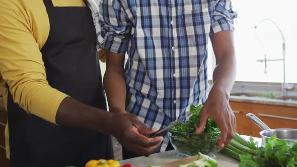 African american senior father and two adult sons standing in kitchen cooking dinner and talking