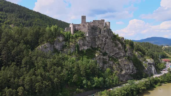 Aerial view of the castle in the village of Strecno in Slovakia