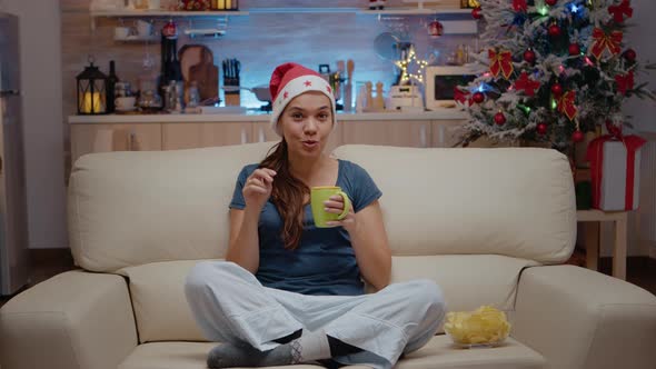 POV of Festive Woman Talking on Video Call with Family