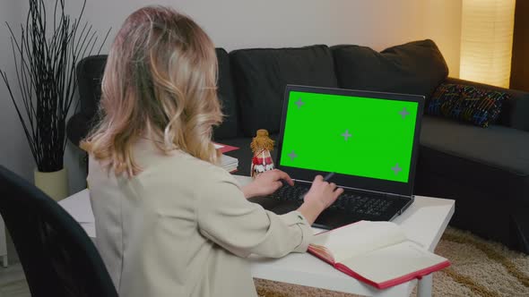 Back View of business Woman at Laptop with Green Screen for Copy Space.