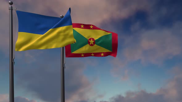 Grenada Flag Waving Along With The National Flag Of The Ukraine - 4K