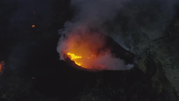 Drone Of Volcano Erupting With Smoke And Molten Lava