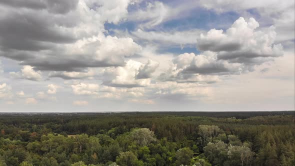 Hyperlapse Aerial Drone View Over Green Forest with Moving Clouds in Blue Sky