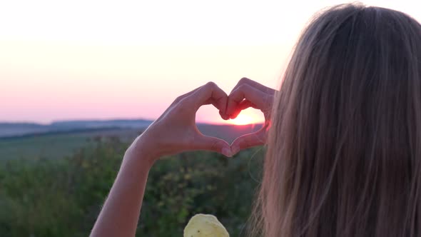 Show Hand Gestures Heart on Pink Sunset Background Love and Health Concept