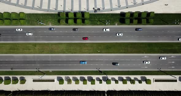 Top Down Aerial City View of Freeway Busy City Road Traffic Jam Highway.