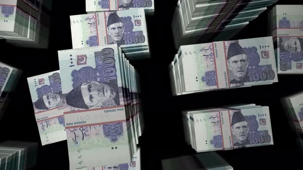 Flight over the Pakistani rupee money banknote packs loop